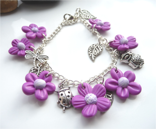 Polymer clay orchid pink flower charm bracelet