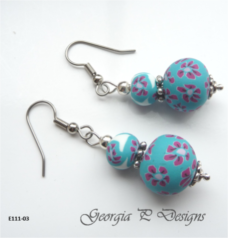 Ref E111-03 PC Blue & pink flower bead earrings