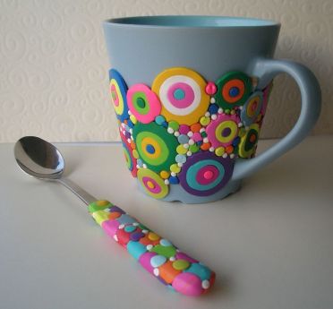 Polymer Clay decorated 'Bubble' mug and spoon by Klio