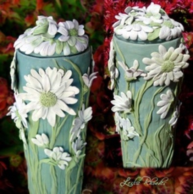Morning Stretch Polymer Clay on Glass Vase by Leslie Rhoades