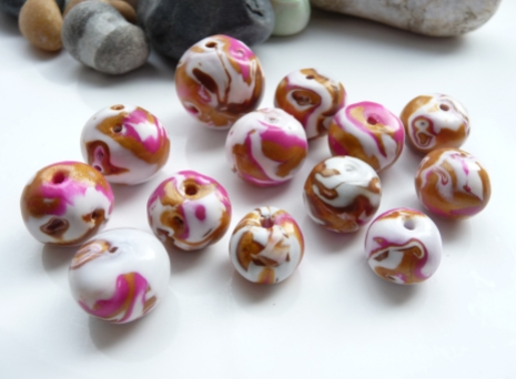 Polymer Clay faux Mokume Gane beads, Gold, white and pink beads Georgia P Designs